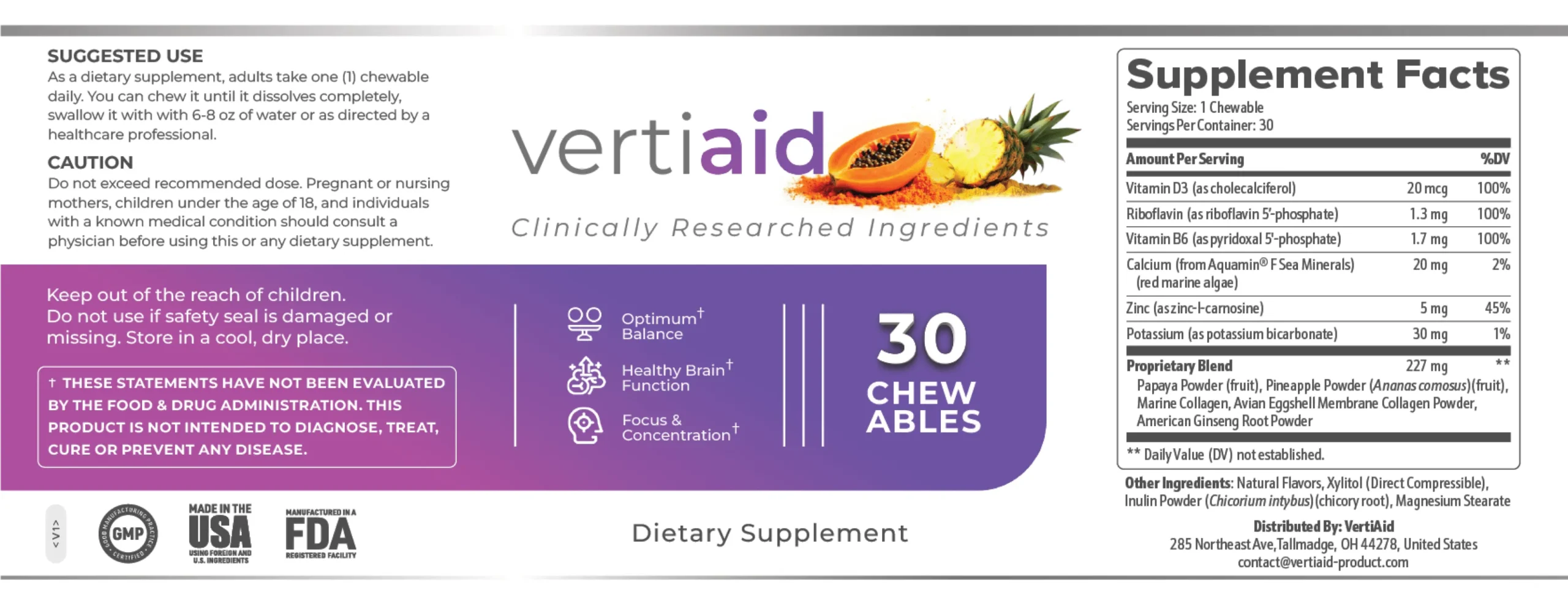 VertiAid supplement facts label