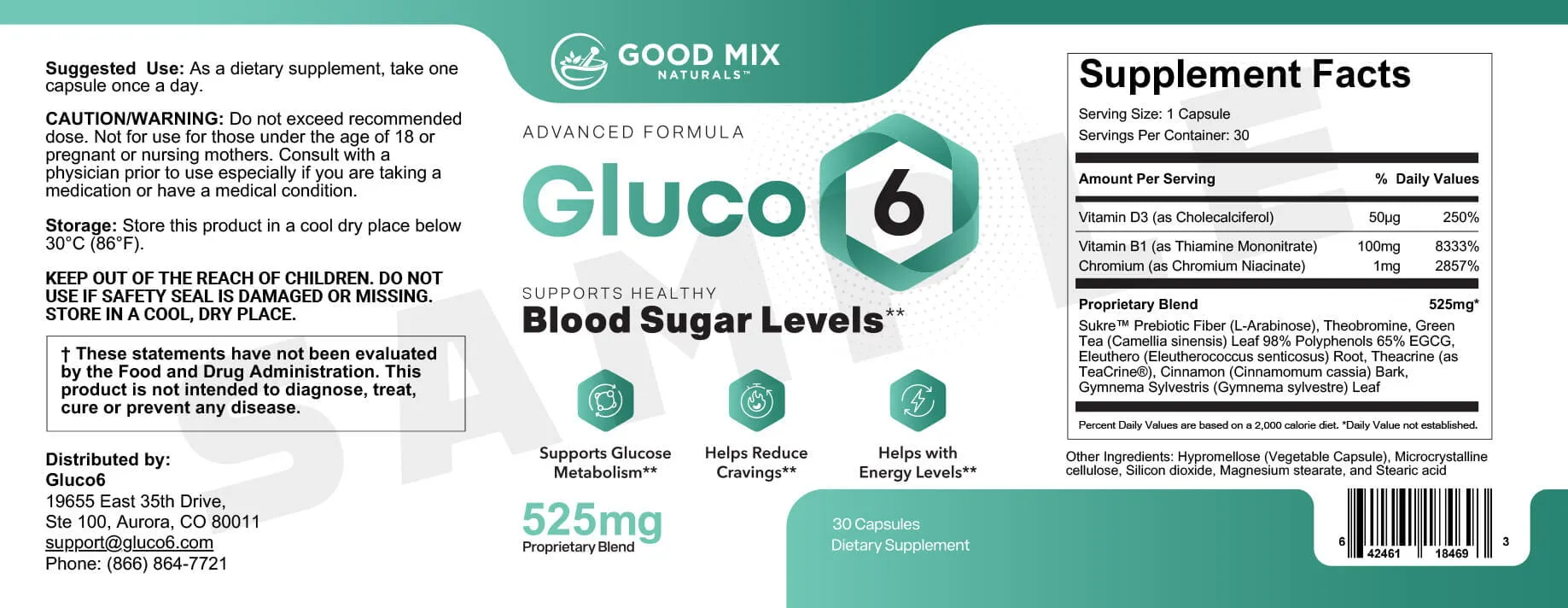 Gluco6 supplement facts label