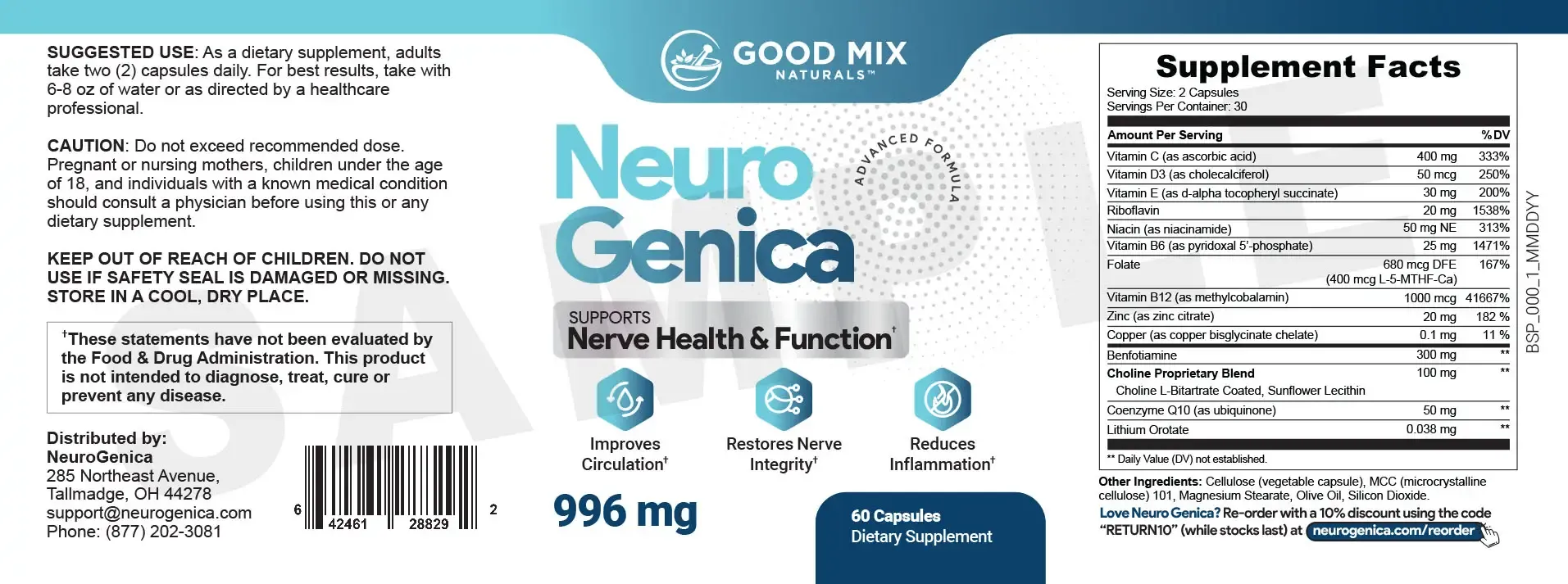 NeuroGenica supplement facts label