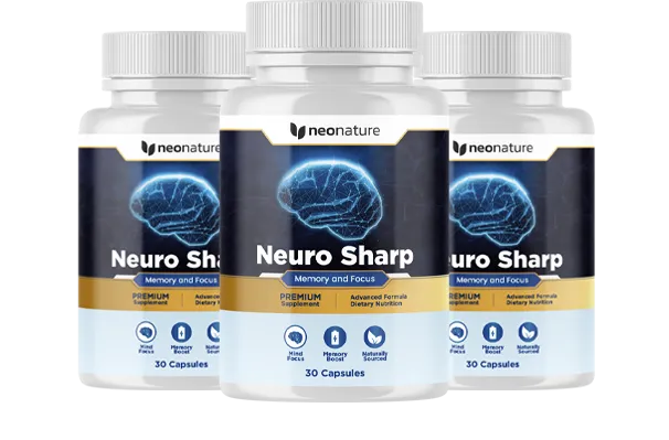 NeuroSharp three-pack bottles in ingredient circle