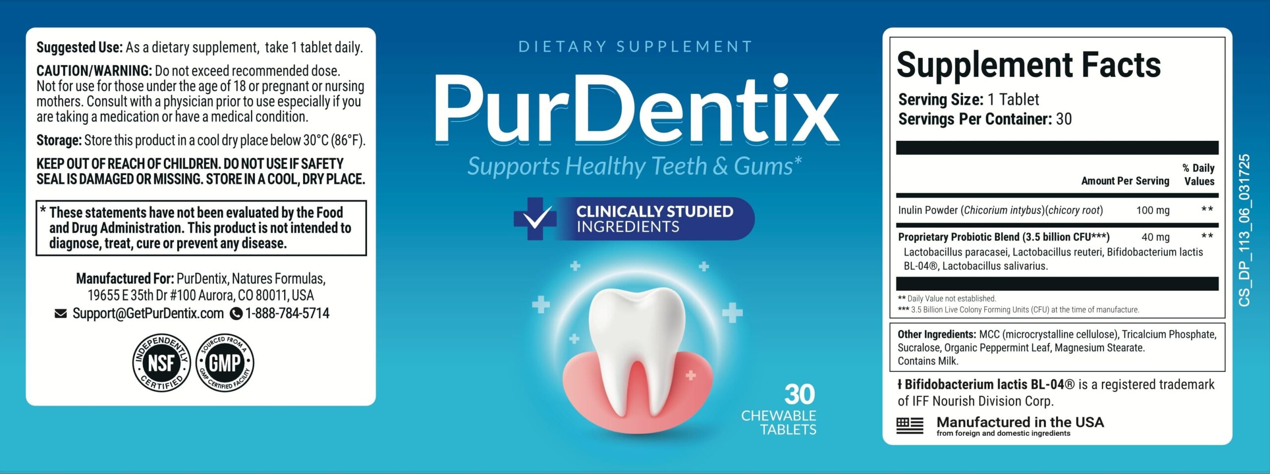 PurDentix supplement facts label